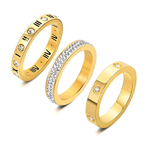 3pcs Love Friendship Lucky Ring Cubic Zirconia Gold Ring Sets for Women Stainless Steel Wedding Statement Thumb Ring Bands - Main Image