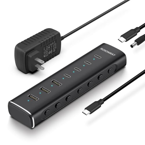 Rosonway 7 Ports Powered USB 3.2/USB C Hub 10Gbps with 4 USB-C 3.2 3 USB-A 3.2 Ports 3.3ft Cable and 36W(12V/3A) Power Adapter Aluminum USB Splitter for Laptop RSH-H7C4