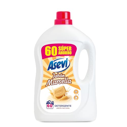 Asevi Detergente Líquido para Lavadora Marsella - Detergente para Ropa Blanca y de Color con Fórmula Concentrada - Jabón Natural de Marsella para una Ropa Limpia y Cuidada - 60 Lavados