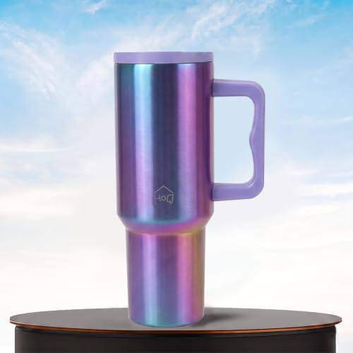 Image of House of Quirk 1200ML Stainless Steel Tumbler with Handle & Lid, 2 Straws - Large Travel Mug Water Cup for Gym, Office & Outdoor Use (Aurora Prism)