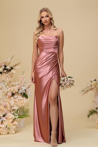 Satin Bridesmaid Dresses 2025 Spaghetti Straps Ruched Mermaid Prom Dress Formal Evening Gowns with Slit2
