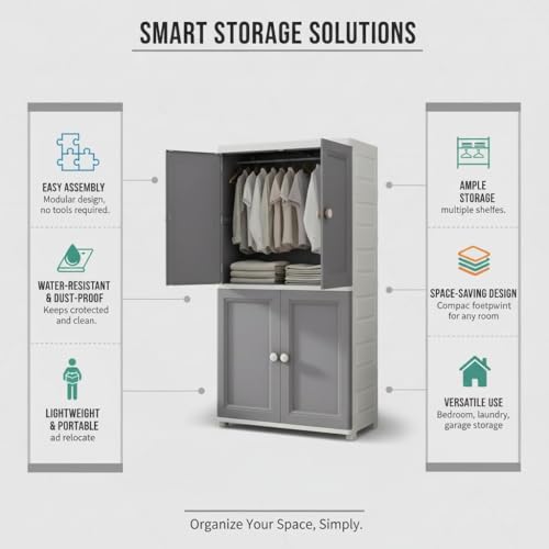 Image of Plastic Wardrobe for Storage - Standing Desk Premium Foldable Wardrobes for Clothes, Collapsible Wardrobe, Cupboard for Storage Drawer (Grey 4 Door)