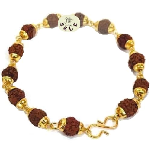 Nature 5 Mukhi Rudraksha 6mm 14 Beads Bracelet with Golden Cup Fancy Holy Jewellery Symbol of Spirituality Religion Reiki for Peace, Balance,Meditation Every Wear Unisex Accessory Gift