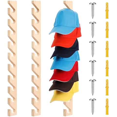 BBTO 3 Pack Wooden Hat Rack for Baseball Cap Wall Mount Hat Racks Vertical Hat Baseball Cap Display Holder with 10 Hooks Hat Organizer Wood Cap Hanger for Door Entry Room Bedroom (Wood Color) Cover
