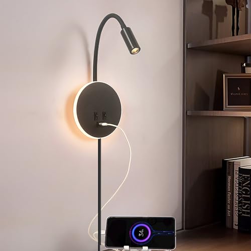 Aplique de pared con puerto de carga USB y lámpara de cuello de cisne flexible de 3W+8W