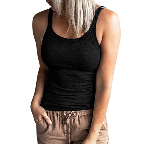Top de mujer de punto acanalado ajustado color sólido sin mangas blusa casual túnica ligera top chic para uso diario, Le Noir, XXL