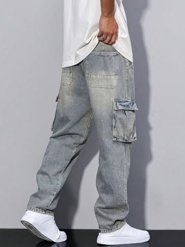 Image of JMIERR Men's Elastic Waist Cargo Jeans Stretch Denim Pants with Drawstring Relaxed Fit for Casual Daily Wear