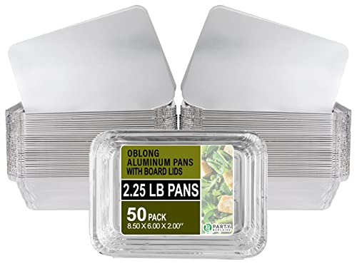 PARTY BARGAINS 2.25 Lb. Aluminum Pans with Lids - Set of 50 Pack with Board Lids, 8
