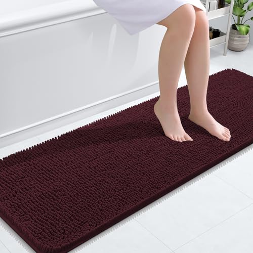 Image of OLANLY Bathroom Runner Rugs 59x20, Soft Absorbent Chenille Bath Rugs, Rubber Backing Quick Dry, Machine Washable Long Bath Mats for Bathroom Floor, Tub and Shower, Home Decor Accessories, Black Cherry