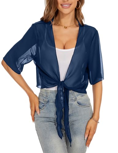 HANERDUN Kimono Boléro Femme Cardigan pour Femmes Couvre-Chef Léger à Manches Courtes Couvre-Chef Ouvert à l'avant Fermeture à Cravate