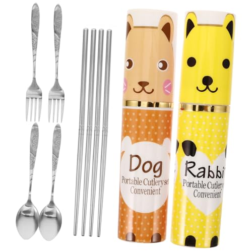 Sewroro 2セット 携帯に便利なステンレス製不??餐具 点入り 箸 フォーク スプーン 縦型ケース付き 大人兼用 環境配慮型食 ランダムカラー