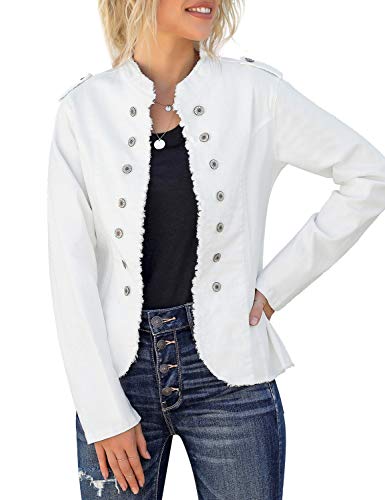 luvamia Women's Casual Open Front Long Sleeve Double Breasted Denim Jean Jacket White Size Medium (Fits US 8-US 10)