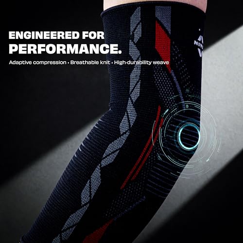 Image of Nivia Knitted Elbow Support For Men & Women, Compression Elbow Sleeve, Elbow Brace for men, Ideal For Gym, Weightlifting, Fitness, Training & Injury Prevention (Pair) (Red /Black, S)