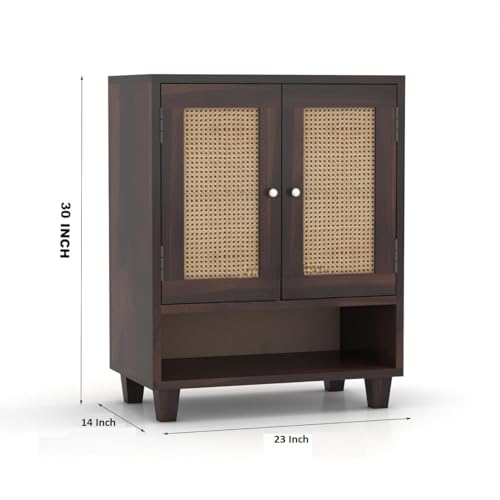 Image of Solid Wood Shoe Rack for Living Room Hall Home Office | Wooden Shoe Rack with 2 Door & Shelf Storage | Shoe Cabinet Wooden | Shoe Organiser with Rattan Door in Walnut Finish