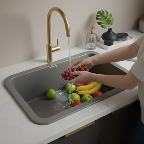 Image of BASINQU Quartz Sink for Kitchen | 24x18x9 Inches Grey Single Bowl Sink For Kitchen Basin Round Corner Kitchen Sink | Granite UV Protected Scratch Resistant, Undermount /Topmount Kitchen Sinks