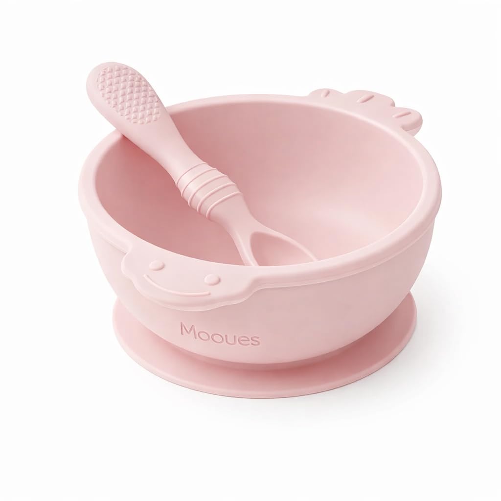 Silicone Baby Feeding Suction Bowl and Spoon, BPA Free Baby Feeding Bowl and Spoon Set for 6-12 Months, Soft Silicone Spoon for Self Feeding, Non-Slip Strong Suction Base (Shadow Pink)-image-29