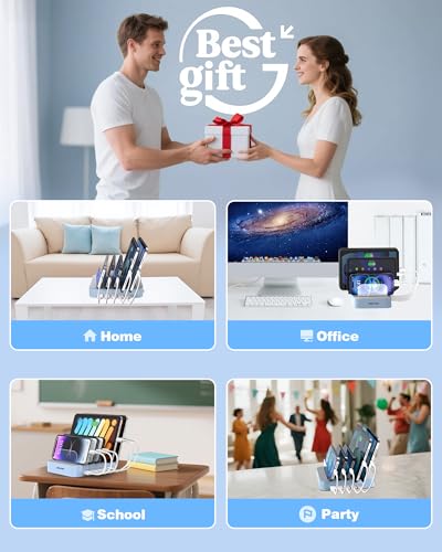 Image of MSTJRY Charging Station for Multiple Devices : 5 Port Multi USB-A Charger Stations Multi-Device Organizer Charging Dock Designed for iPhone iPad Cell Phone Tablets (7 Short Cables Included), Blue