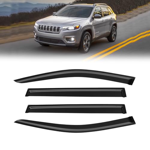 Rain Guards for 2014-2023 Jeep Cherokee, Out-Channel Window Visor Shields Vent Deflector Shade Wind Dark Smoke Jeep Cherokee KL Latitude Altitude Limited Trailhawk, Tape-On Outside-Mount, 4PCS