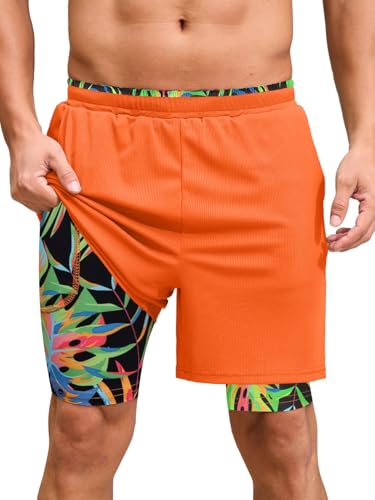 Mens Swim Trunks with Compression Liner 7 Inch Quick Dry Swimming Beach Board Shorts Bathing Suit with Pockets