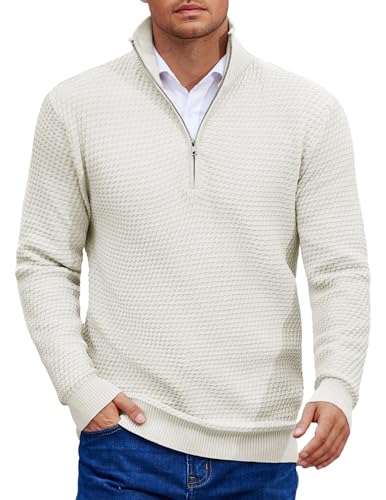 COOFANDY Mens Quarter Zip Pullover Sweater Slim Fit Waffle Mock Turtleneck Polo Sweater Casual Long Sleeve Sweatshirt