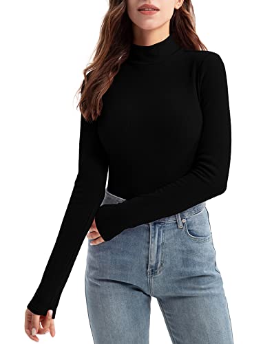 Long Sleeve Mock Neck Tops for Women-Ribbed Thermal Shirt(Black,L)