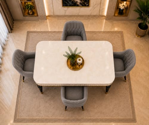 Image of 4 Seater Dining Table Set with Nano Composite Marble Top, Solid Wood Base & 4 Upholstered Chairs, Modern Dining Table Set for Home & Dining Room Furniture (Gray, White Marble Top, 4 Seater)