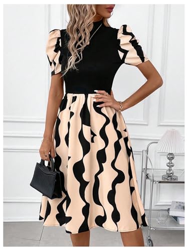 Image of GORGLITTER Women's Short Puff Sleeve Midi Dress Mock Neck Patchwork Flared Night Out Casual Dresses Brown Colorblock Small