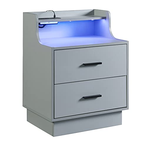 Gray Night Stand With Charging Station, Led Nightstand With Usb, Charging Nightstand Table, Smart Bedside Table,Nightstand With Drawers, Nightstand With Led Lights, Two Drawer Nightstand With Charge #TOP4