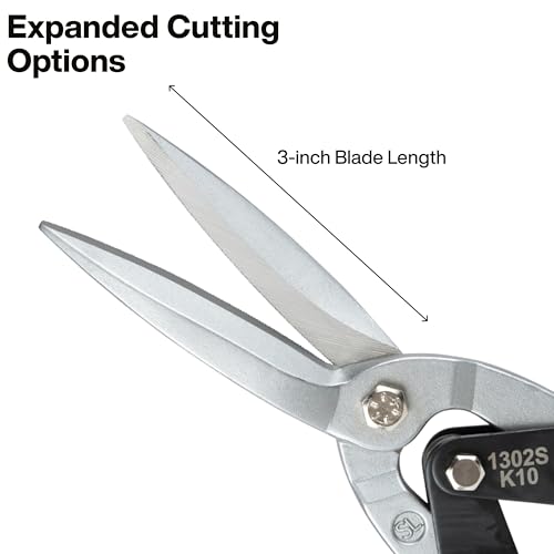 Image of Klein Tools 1302S Aviation Tin Snips, Straight, Long Cut, Heavy Duty Metal Cutting Shears with Forged Steel Blade