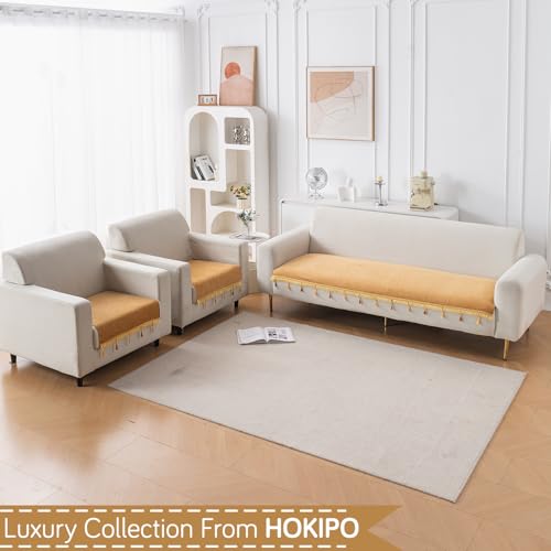 Image of HOKIPO 'Serenity Tassel' Chenille Sofa Cover 5 Seater Set with Tassels - Washable 3+1+1 Sofa Cover Mat | Sunlit Amber (IN-890 * 2 + IN-892 - GLD)