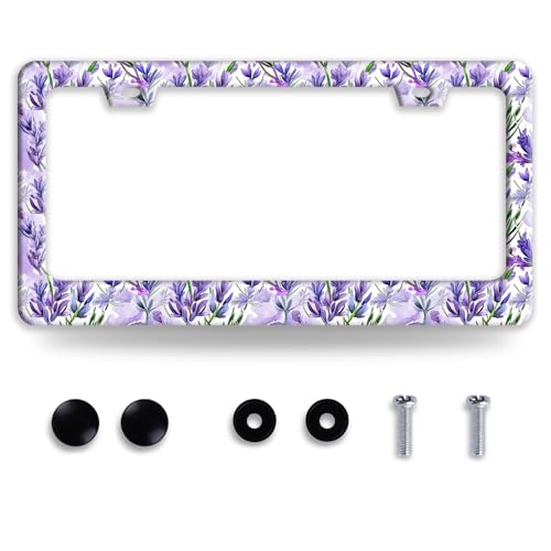 Personalized License Plate Frame Purple Floral Flowers License Plate Holder Funny Stainless Steel Accessories Cars Decor with 2 Holes and Screws Fits Standard Us Ca Vehicles 12.2 X 6.3 Inch