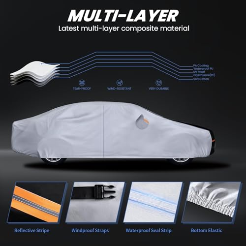 Image of Multi-Layer Car Cover Custom Fit for Genesis G80 (2016-2026), 100% Waterproof All Weather for Automobiles, Gift with Towel, Heavy Duty Car Covers for Rain Sun UV Protection with Door Zipper.