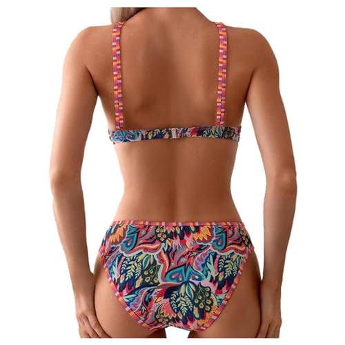 Bikini-Set, bedruckt, hochwertig, für Damen, Neckholder, Strandkleidung, Boho, modisch und europäisch, 2024, Damen-Bikini, 2-teilig, rot, S