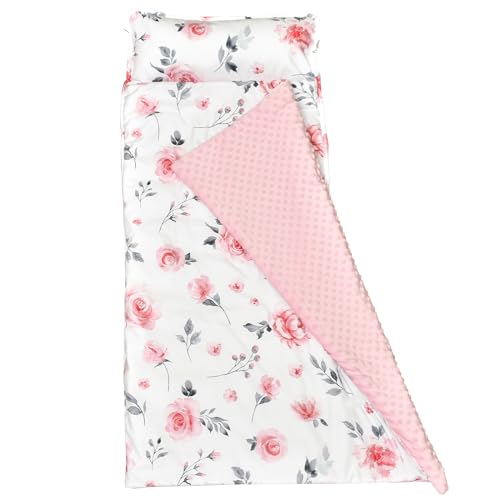 david’s kids Toddler Nap Mat with Warm Minky Dots Lining, Ultra Soft Slumber Bags for Girls, Perfect for Preschool, Daycare, Kids Sleeping Bags with Rollup Design, 50″x20″, Floral Flowers
