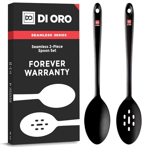 Comparison: Best Cooking Spoons For Non Stick Pans 6 DI ORO Silicone Spoons for Cooking - Large Kitchen Spoons for Mixing, Serving, & Stirring - 600°F Heat-Resistant Non Stick Utensils – Big Solid & Slotted - Dishwasher Safe (2pc, Black)