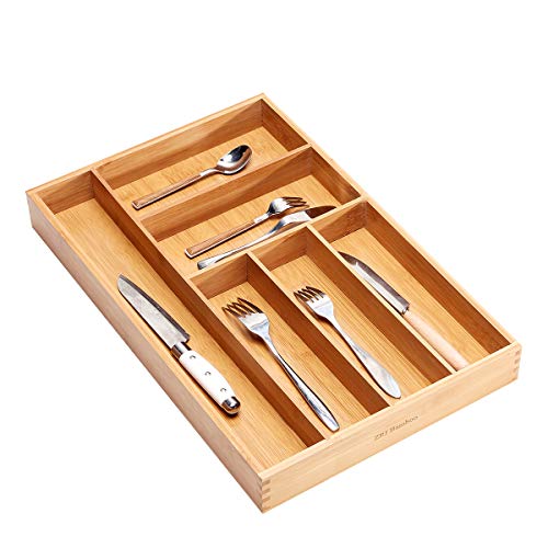 Kitchen Utensil Silverware Drawer Organizer - Bamboo Large Flatware Cutlery Tray with 6