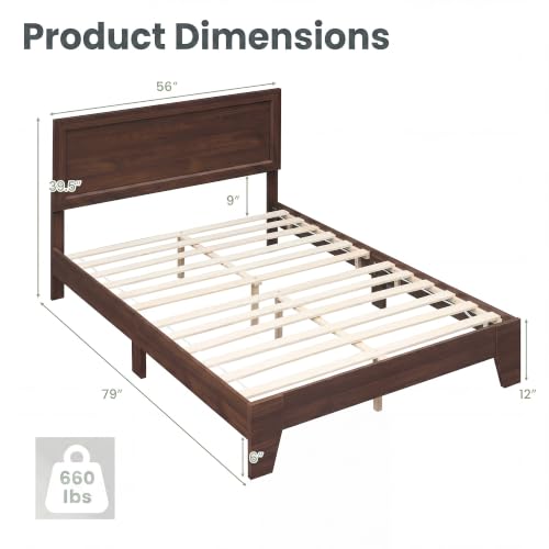Image of GIANTEX Full Size Wooden Bed Frame with Headboard, Wood Slat Support