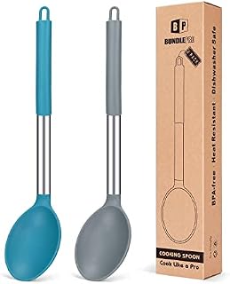 Pack of 2 Large Silicone Cooking Spoon ,Non Stick Solid Basting Spoon, Heat-Resistant Kitchen Utensils for Mixing, Serving (Gray-Blue)