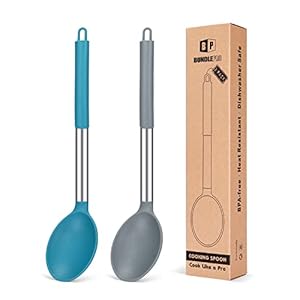 Pack of 2 Large Silicone Cooking Spoon Non Stick Solid Basting Spoons Heat-Resistant Kitchen Utensils for Mixing Serving (Gray-Blue)