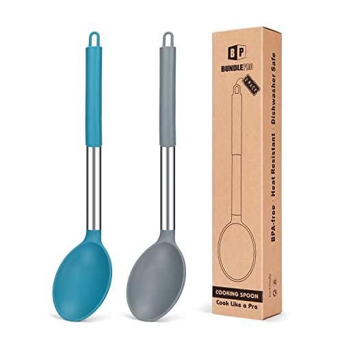 Pack of 2 Large Silicone Cooking Spoon Non Stick Solid Basting Spoons Heat-Resistant Kitchen Utensils for Mixing Serving (Gray-Blue)
