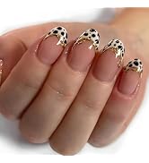 QEYRIYI Leopard Print French Tip Press on Nails Short Almond Fake Nail with Designs 3D Gold Strip...