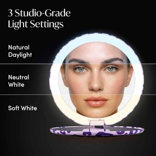 Image of Fancii Taylor LED Lighted Travel Makeup Mirror, Rechargeable, 10x /1x Magnifying, Tru-Glow Lighting System, XL Large 5 inch Wide | Compact Mirror for Purses (Cheetah Crush)