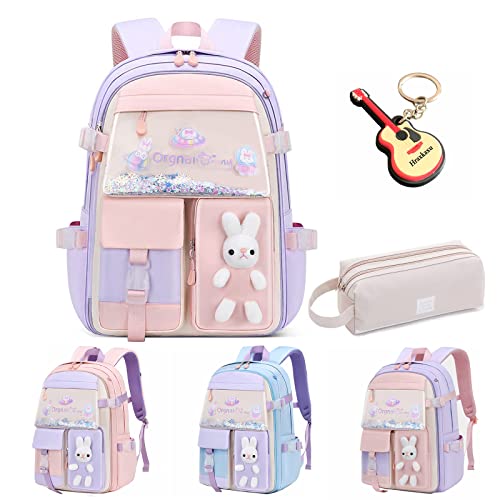 Cute Bunny Backpack Kawaii Bunny Backpacks Girls Back To School Large Capacity Waterproof Bookbag for Grades 1-6 Bags(Purple)