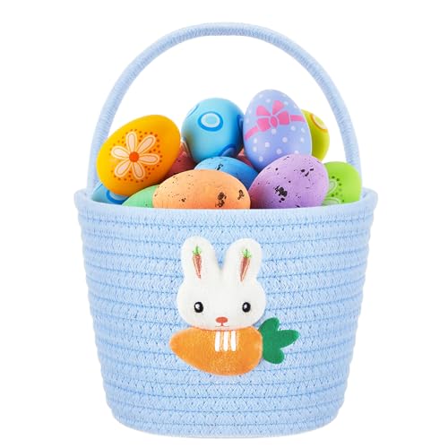 Image of Domensi 1 Pcs Empty Easter Basket for Eggs Hunt Small Bunny Basket with Handle Soft Cotton Rope Woven Gifts for Candy Easter Days Decoration Party Holidays (Blue)