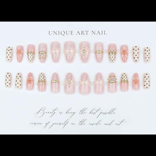 Image of Polka Dot Press on Nails Flower Fake Nails with Lace Design Almond Nails | French Tip Nails Press ons Medium Length False Nail 3D Pink Floral Stick on Nails for Women Glossy Full Cover Manicure 24Pcs