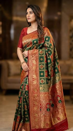 Image of C J Enterprise Women's Kanjivaram Silk Saree Woven Patola Banarasi Soft Sarees Zari With Blouse Piece (Hathi Patola)