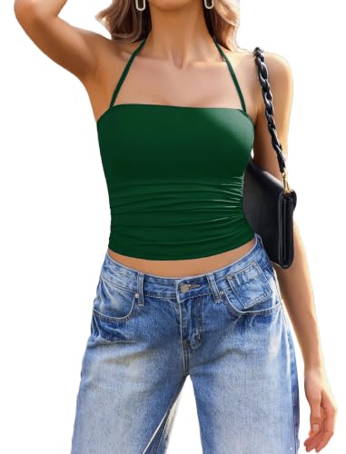Image of Avidlove Halter Tops for Women Going Out Double Lined Sexy Crop Tank Top Ruched Slim Fit Cami Y2K Outfits Womens Summer Tops