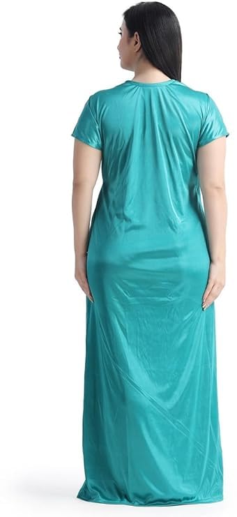 Image of Satin 6 Piece Nightwear Set, Coral Pink Lace Trim Sleepwear with Robe, Nighty, Top, Shorts, Lingerie Set for Women, Summer Collection-Mehndi Green.