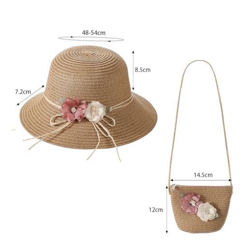 ITODA Little Girls Straw Flower Hat with Shoulder Bag Summer Beach Pool Floppy Sun Hat Wide Brim UPF 50+UV Sun Protection Cap2