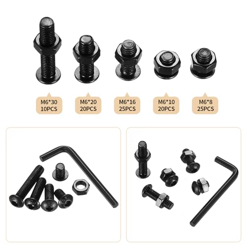 200 Pcs Alloy Steel M6 Bolts Set, Hex Socket Button & Round Head Cap Screws, Nuts, Pan Head Bolts, M6 black 200 - Image 4
